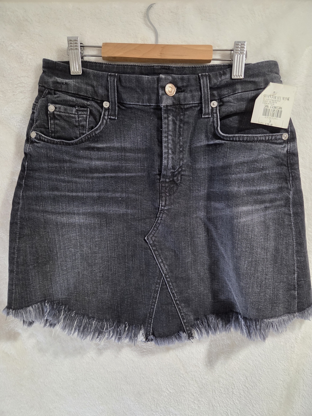 7 For All Mankind Black Washed Denim Mini Skirt with Frayed Hem